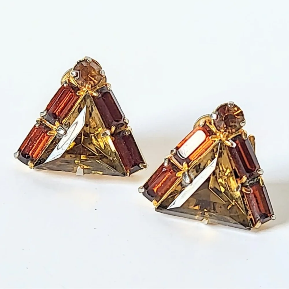 Art Deco Cognac Triangular Crystal Clip Earrings - Vintage Earth Tone Colors